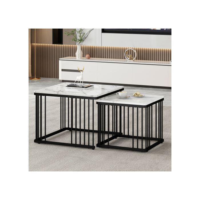 Table basse - MUVOE - Lot de 2 - Aspect marbre brillant - Réglable en hauteur - Design moderne