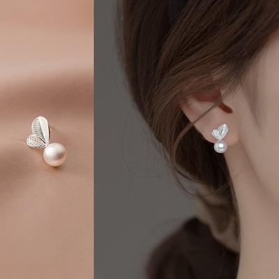 Real 925 Sterling Silver Cute Pearl With Leaf Stud Earrings Hypoallergenic Jewelry For Women Christmas Birthday Gifts