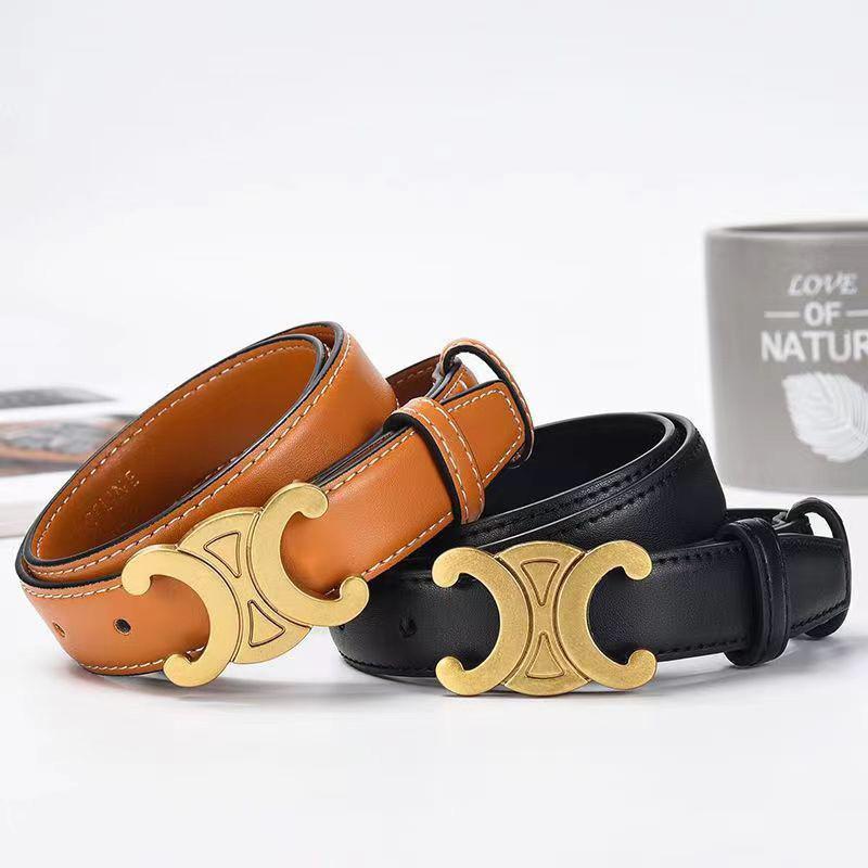 Solid Color Fashionable Gold Buckle Design Women Double Layer Cowhide Belt