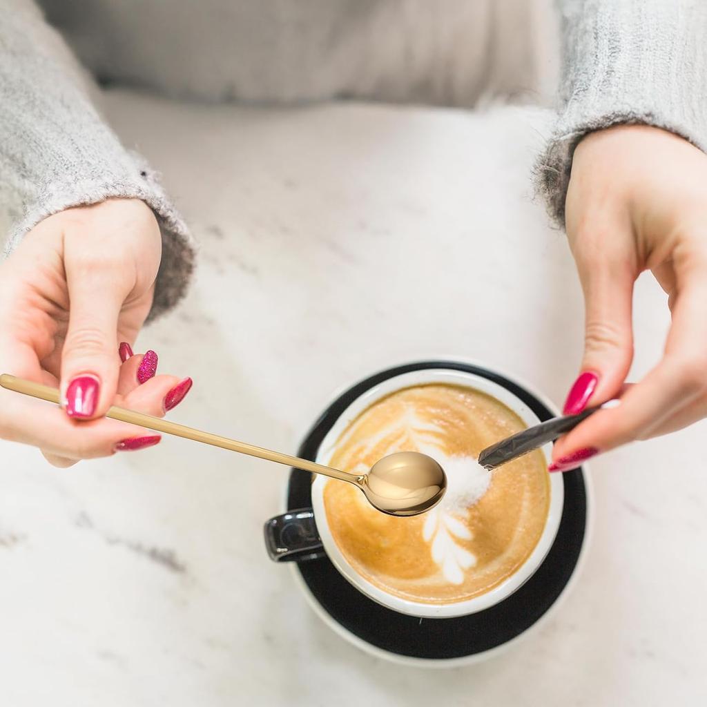 4 Pack Gold Coffee Stir Spoons for Coffee Bar Long Espresso Stirring Spoon Teaspoons Cocktail Tea Mixing Spoon 6.7 Inches Ice Stainless Steel