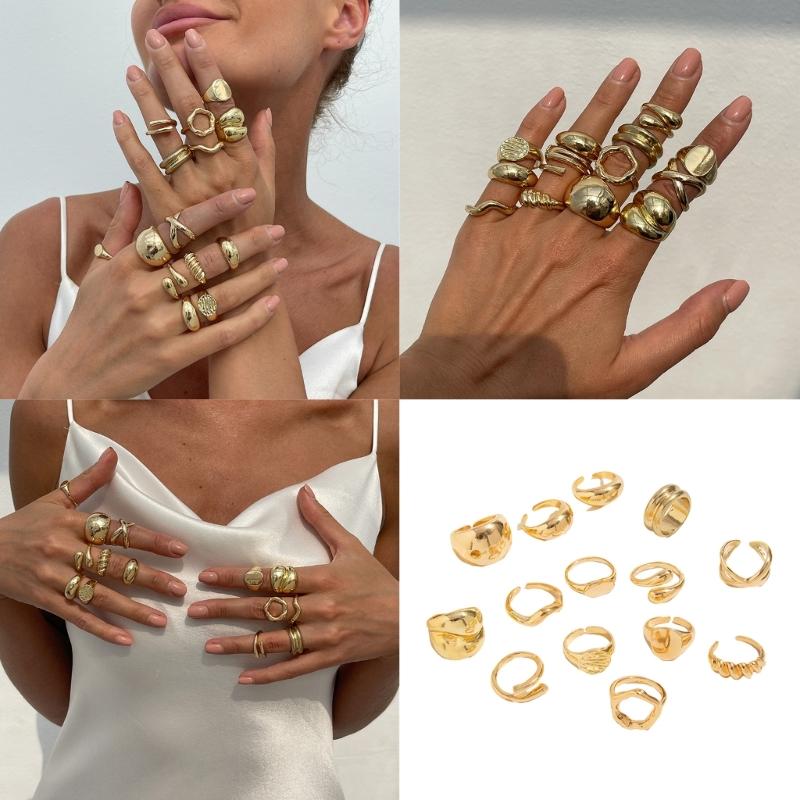 Pack of 12 Pearls Embellished Openwork Irregular Rings Set Alloy Fashion Jewelry Lightweight Hollow Jewelry Set for Women