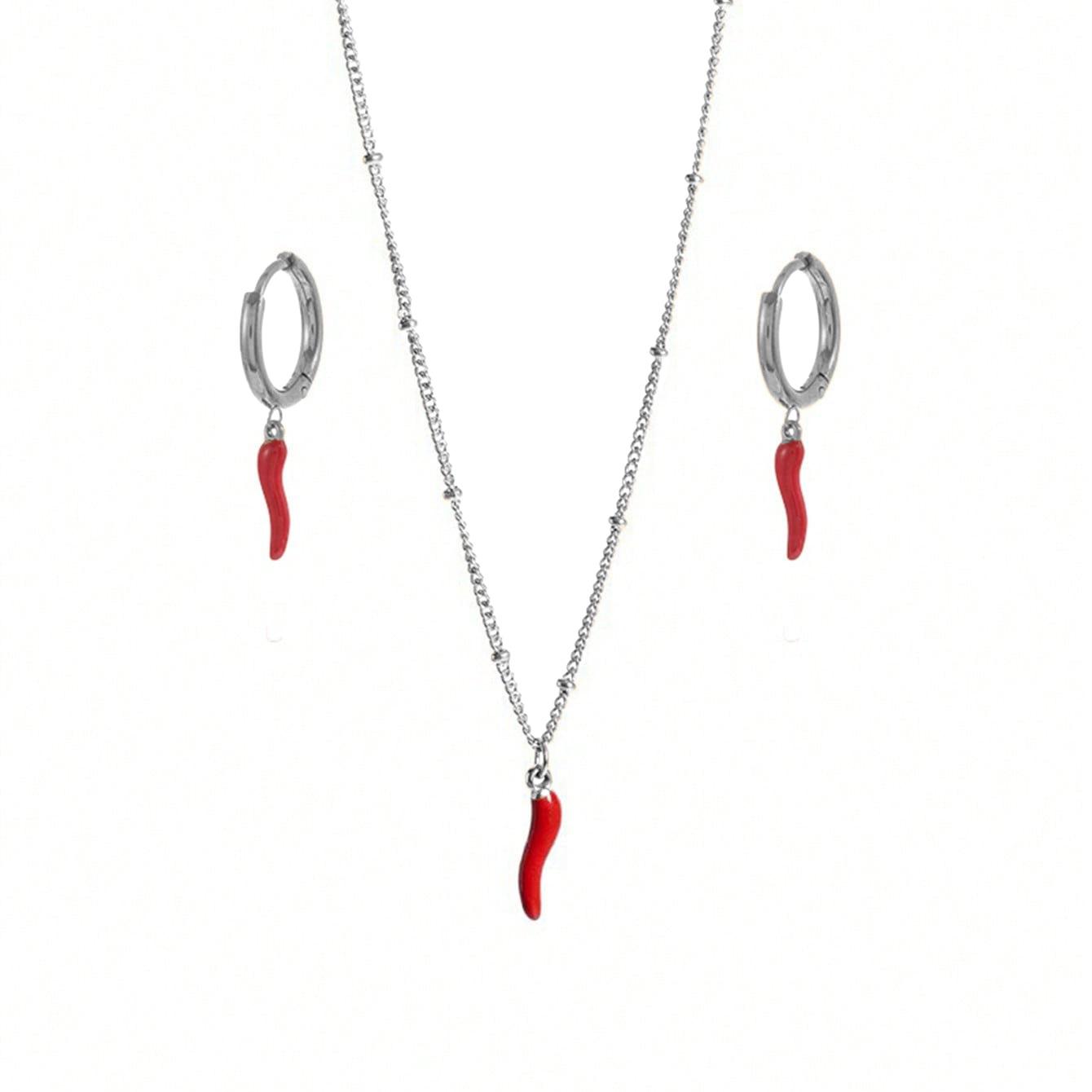 

Titanium Steel 18k Gold Red Chili Necklace & Earrings Set – Waterproof, Non-Fading срібний