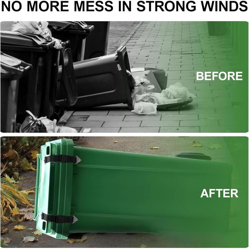 Wheelie Bin Locks - Metal Double Claw Trash Can Lock | 2pcs Adjustable Elastic Lid Straps | Garbage Can Lid Lock with Fixed Hooks