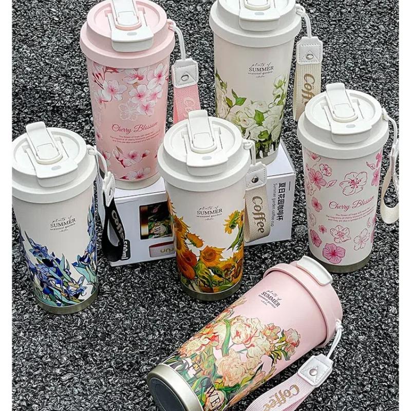 Van Gogh Style Flower Coffee Mug 500ml Stainless Steel Vacuum Flask Straw and Directly Drinking Insulated Tumbler Thermal Cup