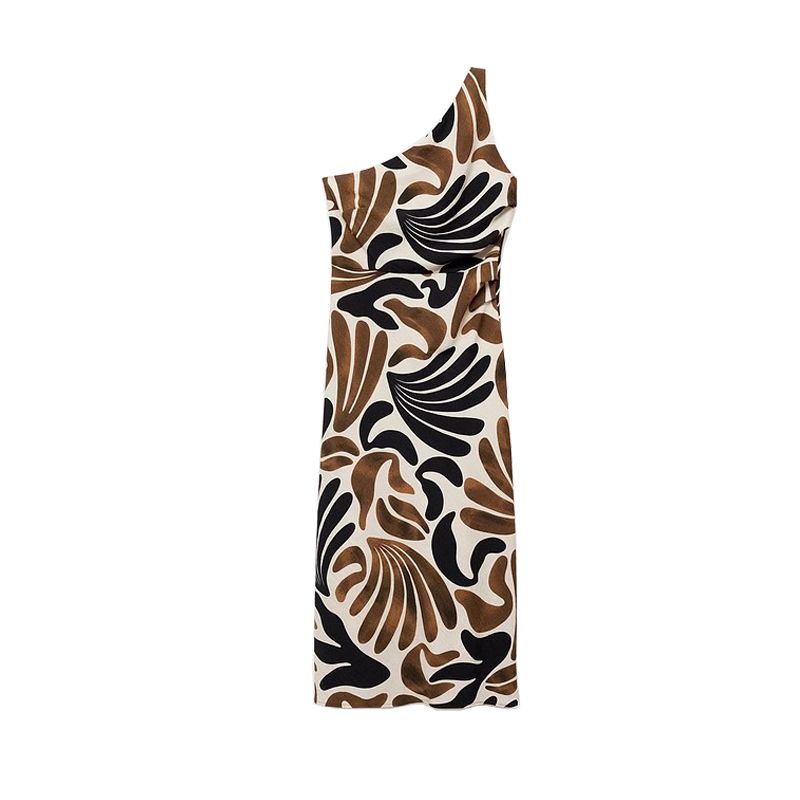 

Summer Women s Clothing Ins Style Oblique Shoulder Abstract Leaves Print Sleeveless Mid Length Long Length Dress 87037182 Brown L