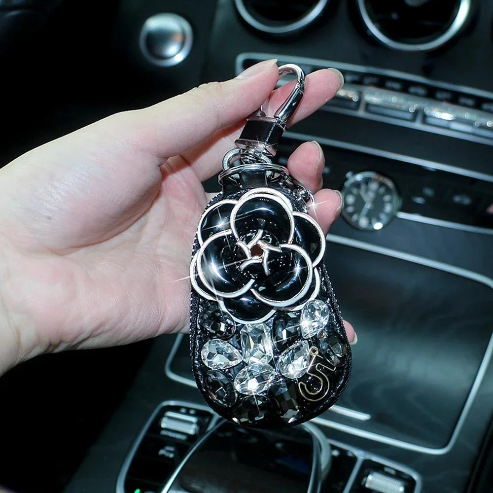 Shiny Diamond Crystal Car Camellia Flower Key Bag Auto Key Protection Cover Universal Bling Car Accessories for Women