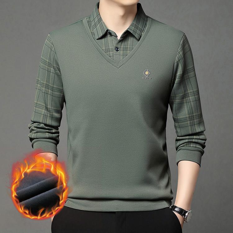 Men's Autumn/Winter Faux Two-Piece Fleece Polo Base Layer Shirt