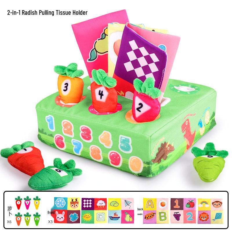 Baby Tissue Dispenser & Pull Toy for 0-1 Year Old - Educational Fun with Radishes