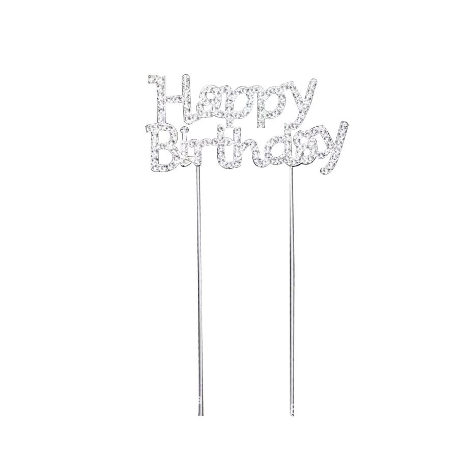 New Alloy Rhinestone Golden Silver Happy Birthday Love Cake Topper for Birthday Wedding Party Cake Decoration Supplies