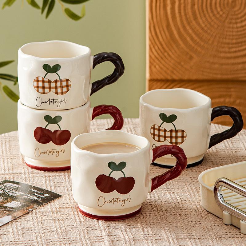 Medium Retro High value Cherry Plaid Ceramic Mug Home Casual Cup Milk Breakfast Cartoon Creativity