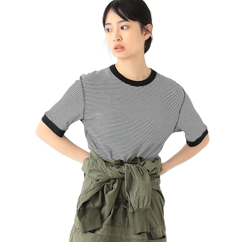 

[Beams Boy] T-shirt Healthknit (Health Knit) waffle border ladies BLACK/OFF ONE SIZE 13040542875