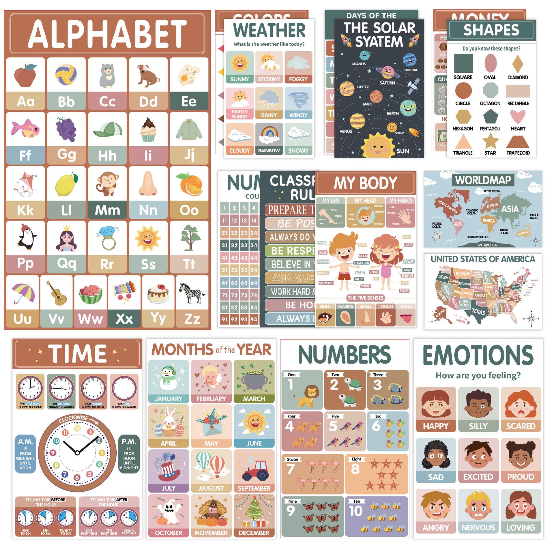 

18Pcs Educational Posters for Kids - Preschool Learning Wall Charts, Kindergarten Classroom Decor, Waterproof Dry Erase Toddler Homeschool Supplies Er03