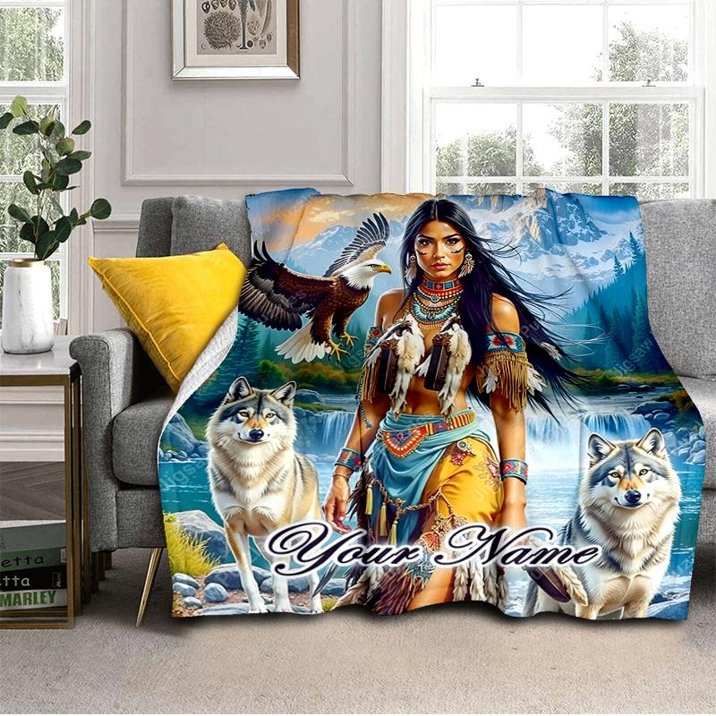 1PC Custom Name Native American Spirit Flannel Blanket Versatile,all-season Throw Suitable for the Living Room,bedroom,camping,travel,and Gift