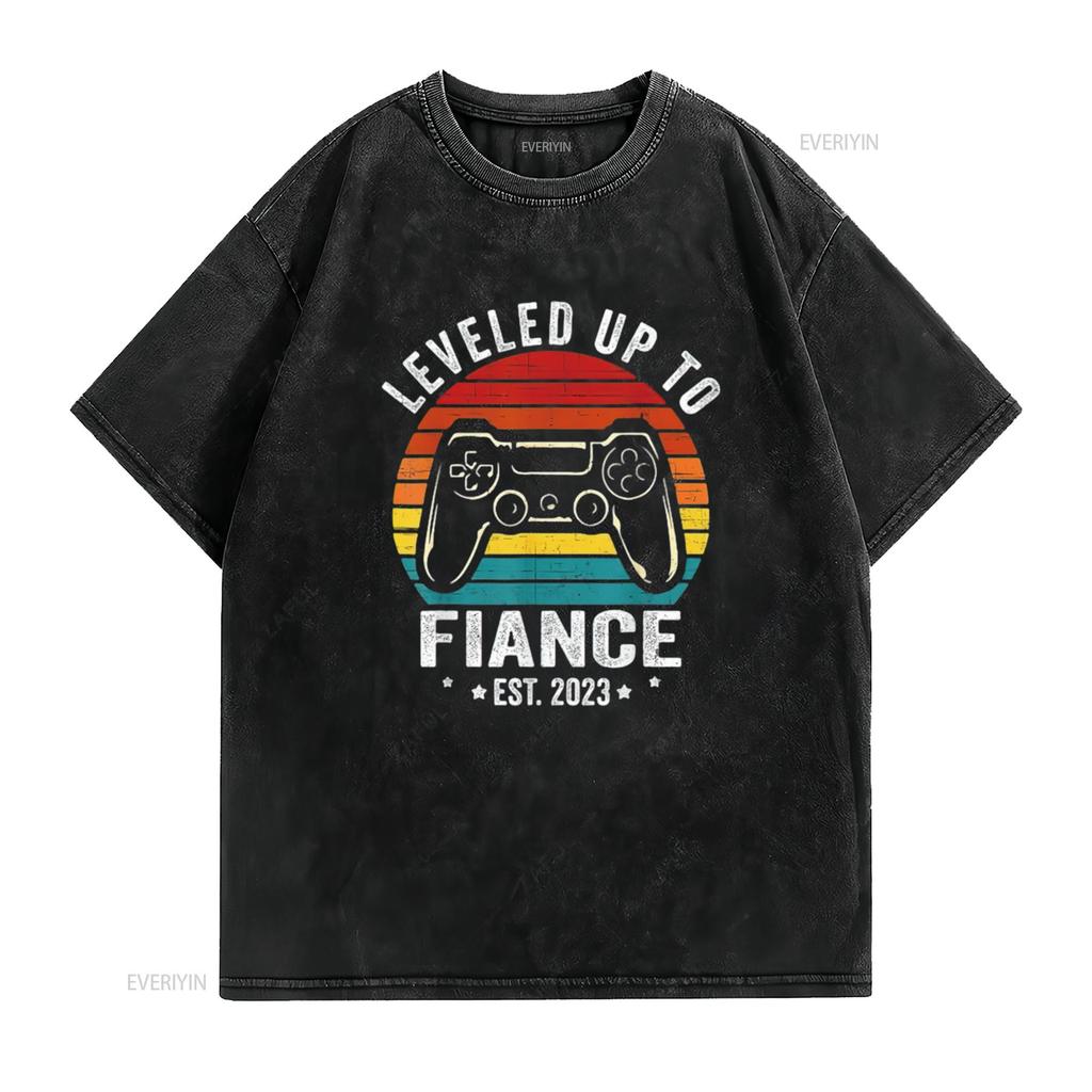 Mens Fiance Level Unlocked Engaged Couple Gamer T Shirt Black 4X Large vintage Washed Casual Stretched Breathable streetwear