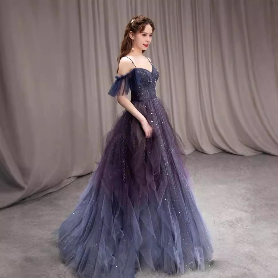 One-word collar hanging dress 1011 new dress with stars and moon engagement dress toast dress long banquet evening dress