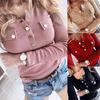 Sexy Women Long Sleeve Solid Color Buttons Ribbed Slim Plus Size Low-cut Blouse