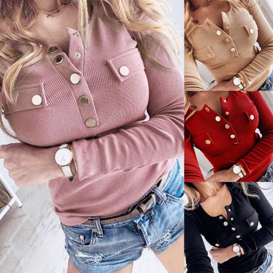 Sexy Women Long Sleeve Solid Color Buttons Ribbed Slim Plus Size Low-cut Blouse
