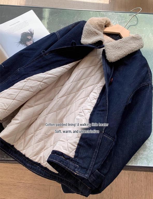 Women's Slimming Lapel Lambswool Padded Denim Jacket - Retro & Versatile