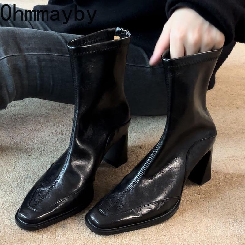 Vintage High Heel Women Ankle Boots Fashion Square Toe Short Booties Autumn Winter Ladies Shoes Botas Mujer