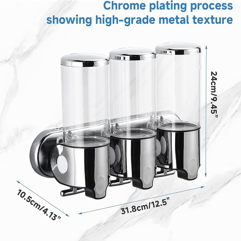 1500ML 3-Chamber Wall Mounted Transparent Window Shampoo Conditioner Dispenser No-Drill Installation for Bathroom Kitchen Hotel