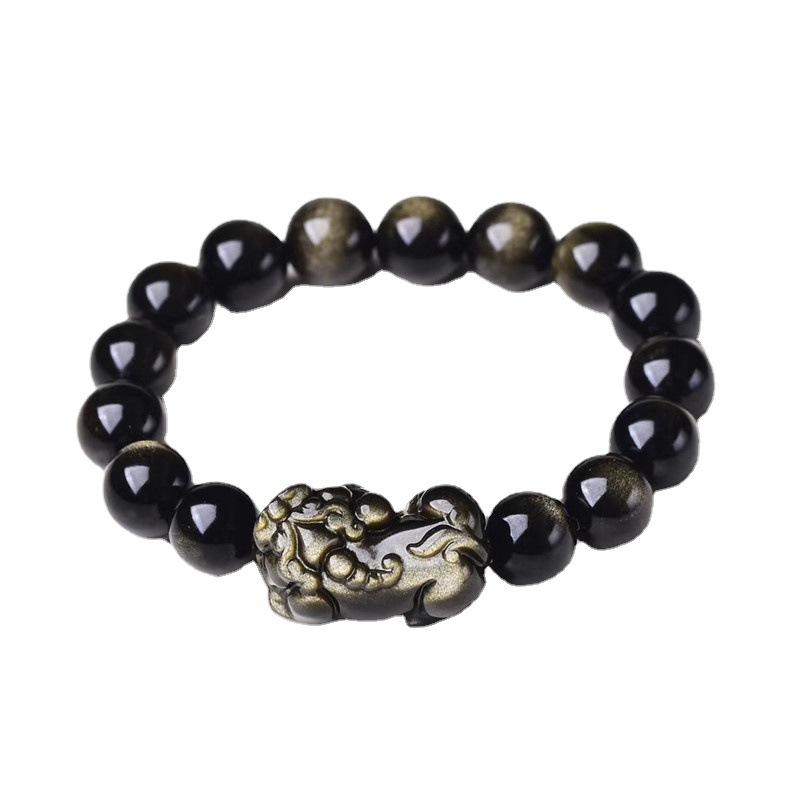 Natural Crystal Obsidian Pixiu Bracelet Black Obsidian Buddha Beads Men's and Women's Hand Jewelry Prayer Beads