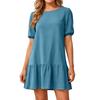 Women Short Sleeve Round Neck Cotton Linen Dress Loose Fit Pleated Hem Casual Midi Dress with Puff Sleeves for Daily Wear