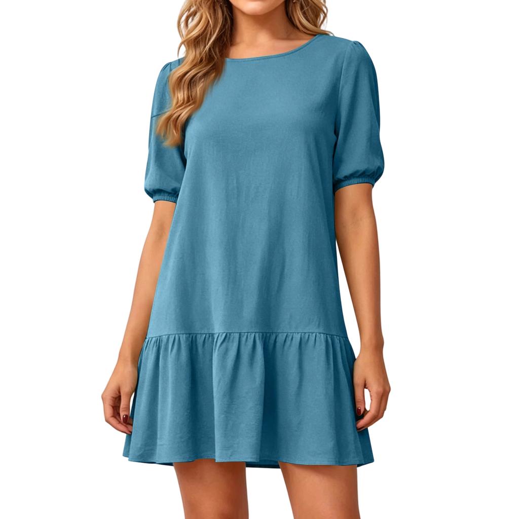Women Short Sleeve Round Neck Cotton Linen Dress Loose Fit Pleated Hem Casual Midi Dress with Puff Sleeves for Daily Wear