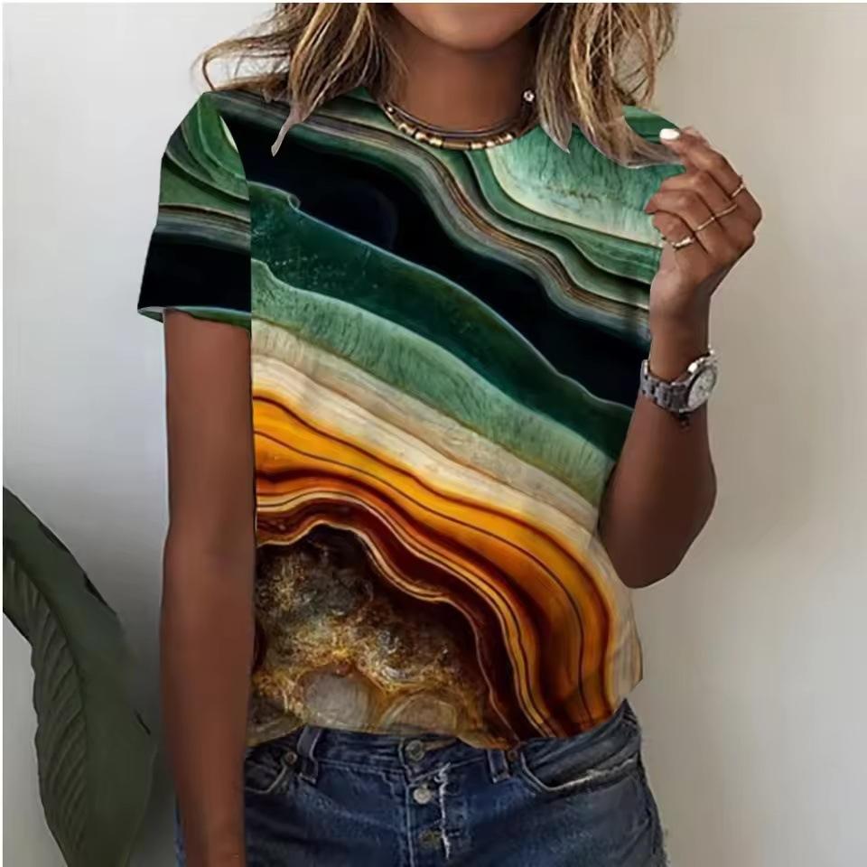 Summer Round Neck 3D Gradient Print Top Fashionable Casual Short Sleeved Women's T-shirts