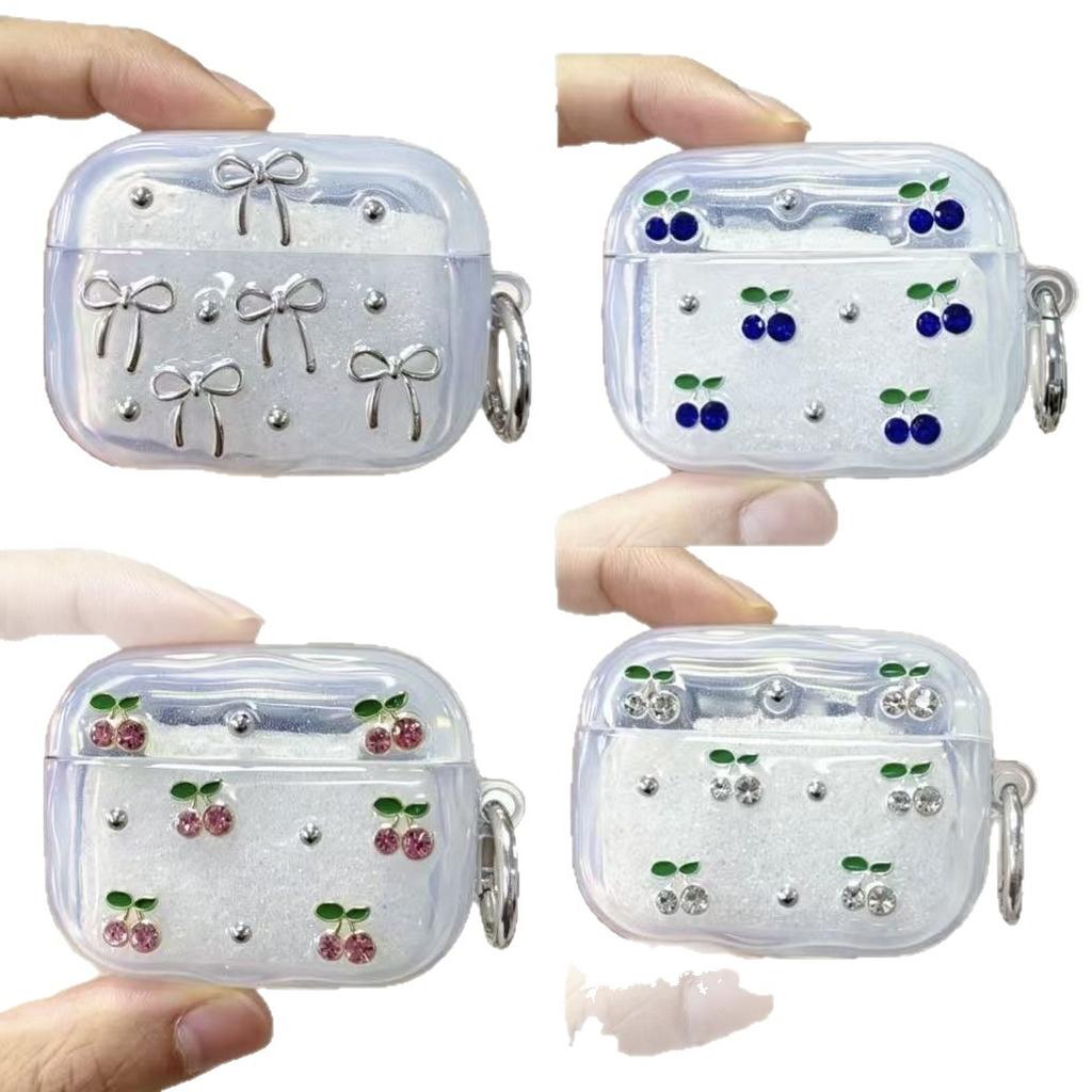 Gel glitter cherry ear case compatible with Apple AirPods Pro 1 protective case and Silver Butterfly AirPods 1