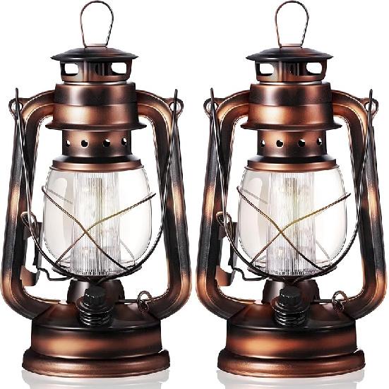 Hortsun 4 Pieces 8 Inch Vintage LED Hurricane Lantern 12 Warm LEDs and Dimmer Switch Battery Operated Farmers Hanging Lantern for Indoor Outdoor 2