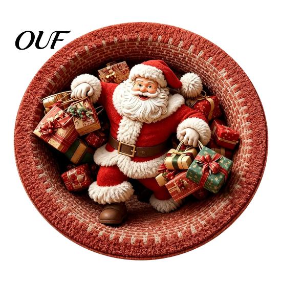 Christmas Party Supplies 3D Round Rug, Optical Illusion Area Santa Claus Deep Hole Floor Mat Prints, Non-slip Welcome Rug for Entrance Living