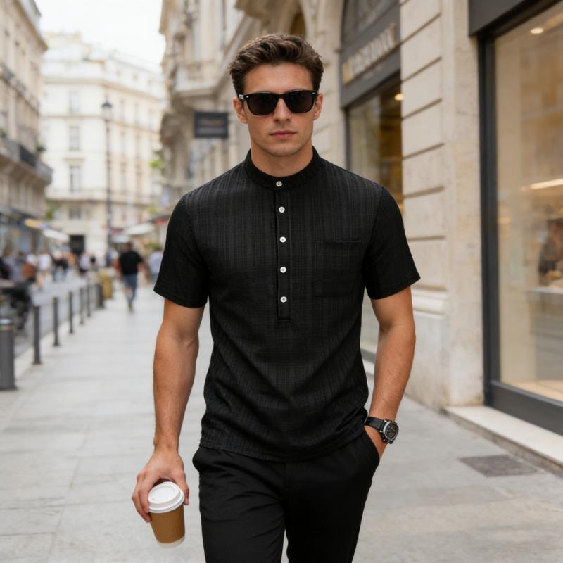Men Mandarin Collar Half Button Chest Pocket Plaid Textured Short Sleeve Shirt