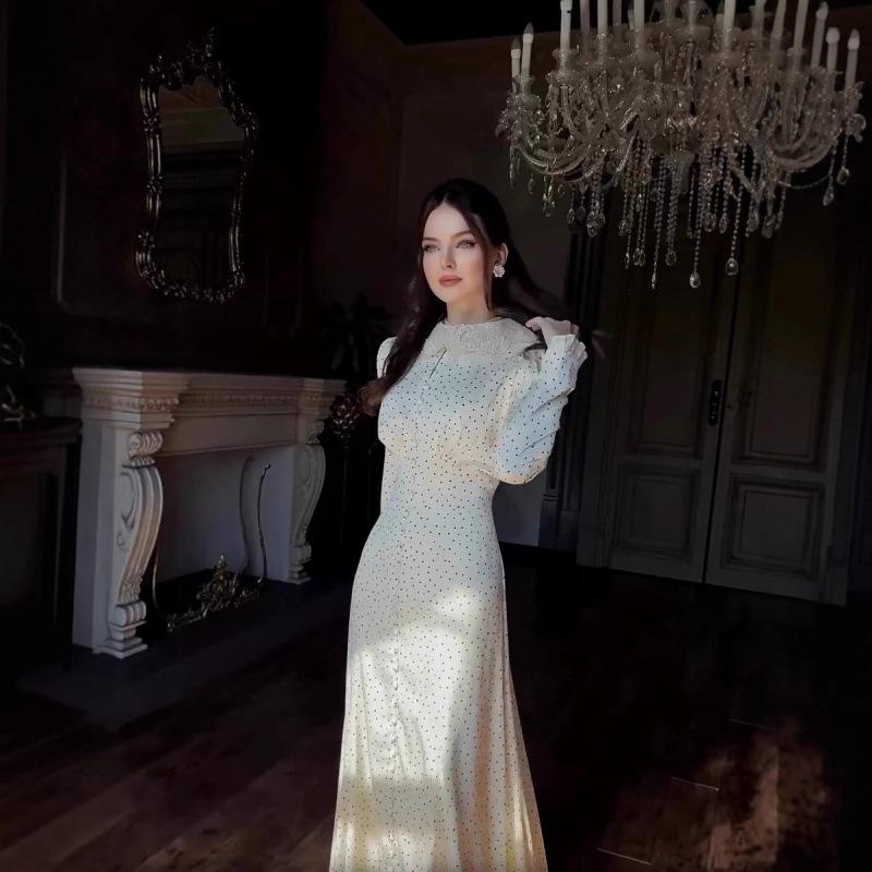 

Осінь 2025 Полосата Солодка Французька Сукня - Європейський та Американський Стиль XL білий