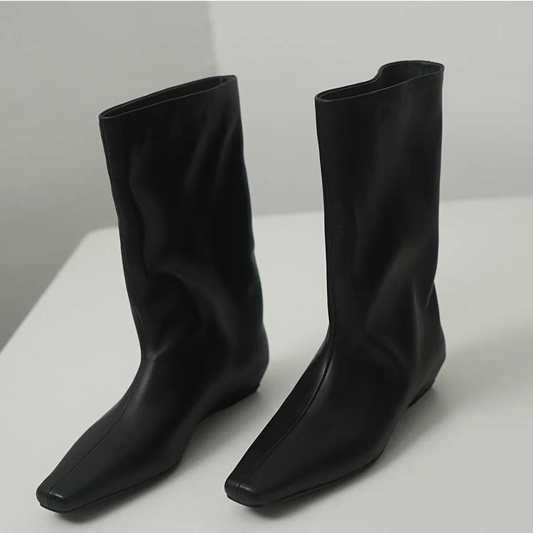 Cowhide Version~ Niche New Retro Short Boots, Wedge Heel Medium Tube, Loose Sleeve, Knight Boots, Chimney Leather, Versatile Medium