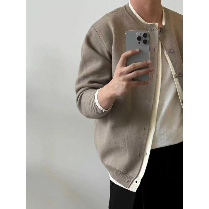 Autumn New Fake Two-Piece Contrast Color Knitted Cardigan Coat Men's Youth Casual All-Matching Lazy Style Sweater Coat Men's