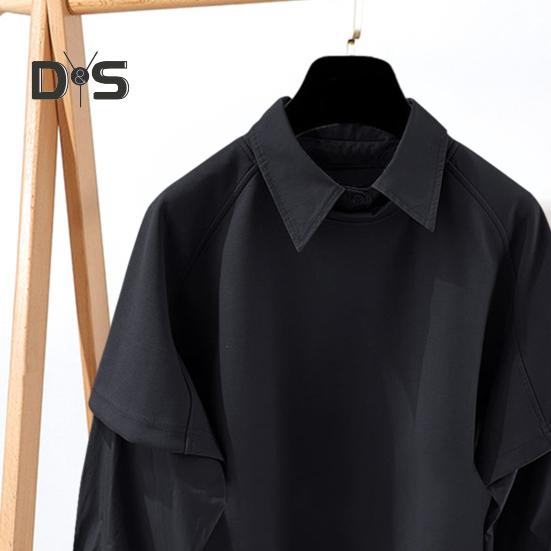 Pánská košile klopa dlouhý rukáv jednobarevná prošívaná falešný dvoudílný design pulovrové topy volný střih ležérní košile pracovní oděv