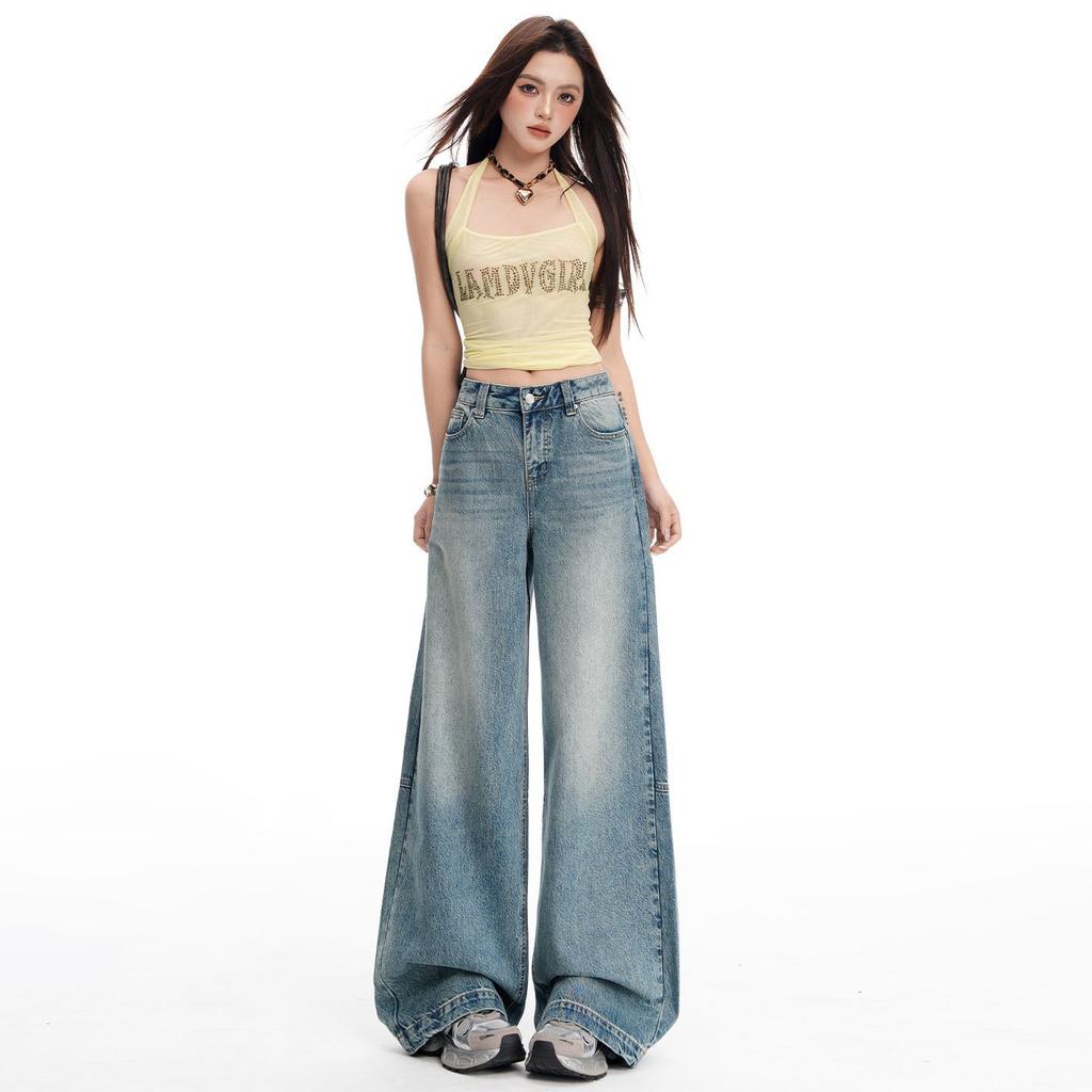Spring Summer Vintage Sandblast Washed Relaxed Micro Flare Stylish Daily Casual Denim Pants Ladies Casual Pants Oversize Denim Trousers
