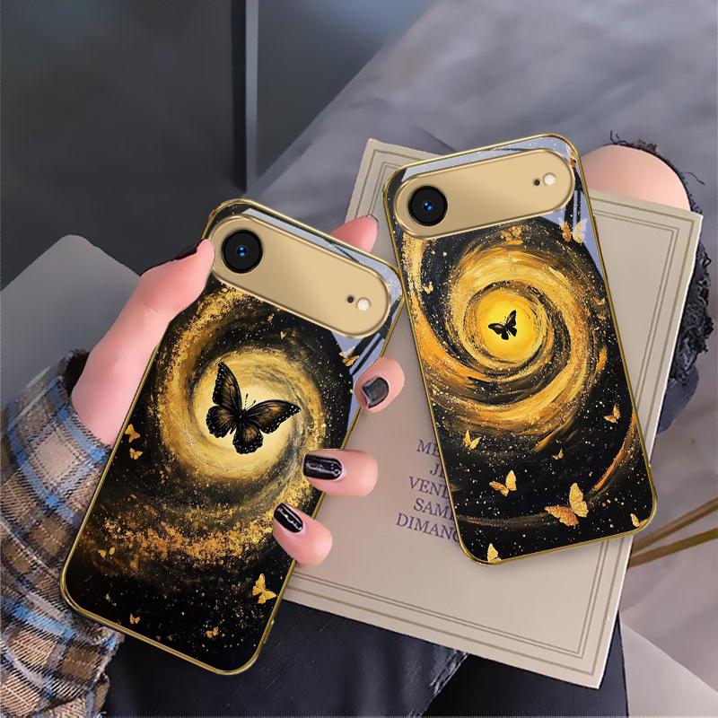 Vortex Black Butterfly For IPhone 17Pro Max 16 17 Pro 15 Pro 14 13 Plus 12 Mini 11Pro Max XR 16E 17 Air Golden Glass Phone Case