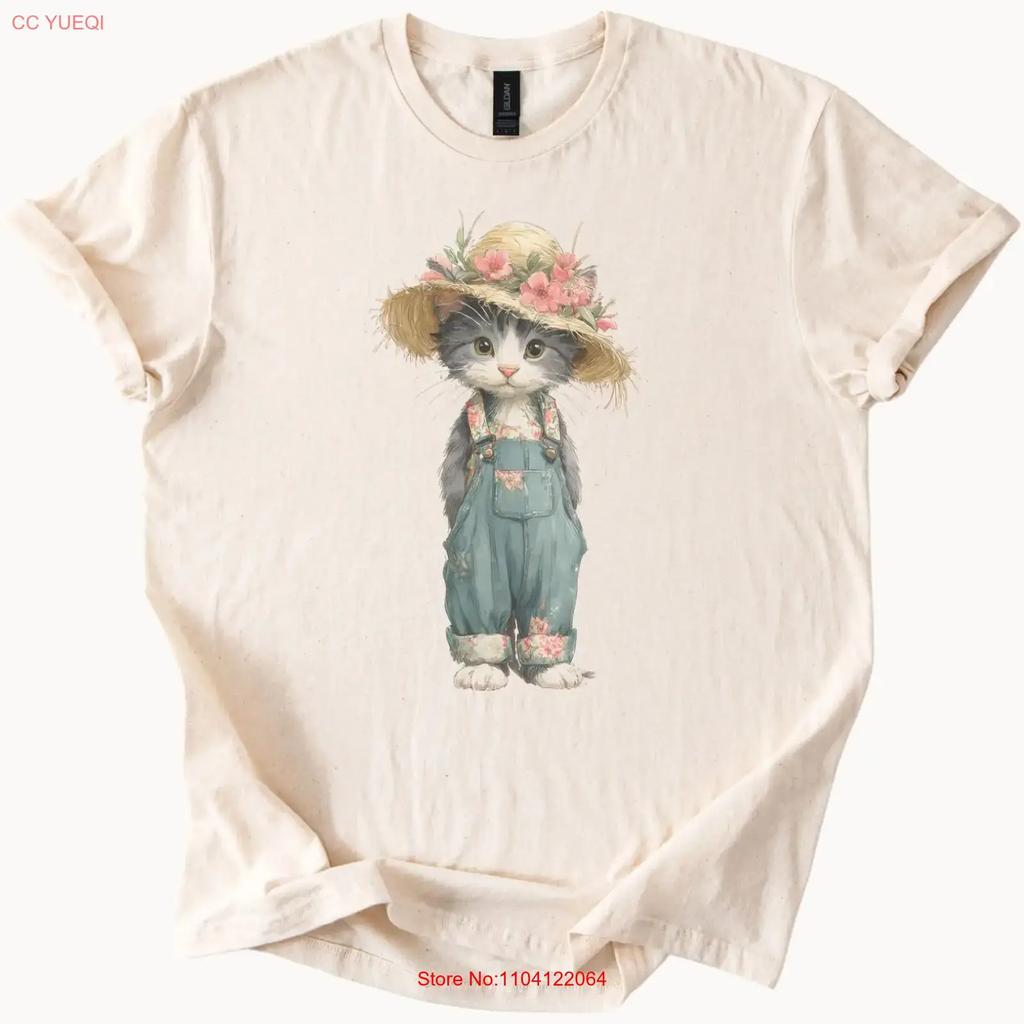 Floral Cat In Straw Hat Overalls T Shirt Cute Farmhouse Animal Vintage Graphic Homme Comfortable Soft Unisex Versatile