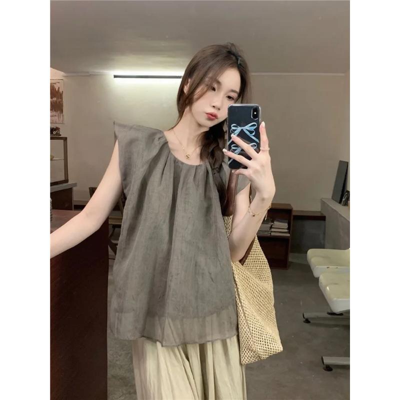 Women's Coffee Fly Sleeve Loose Fit Casual Top Elegant Chiffon Blouse