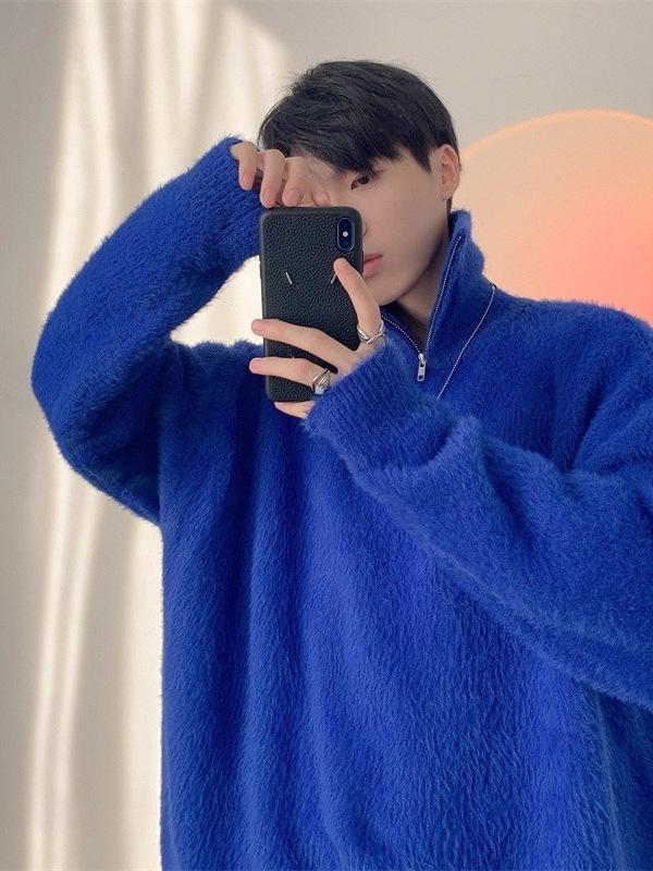 Herren Trendiger Strick-Halbreißverschluss-Pullover: Dick, Locker, Mittelhoher Kragen für Herbst und Winter