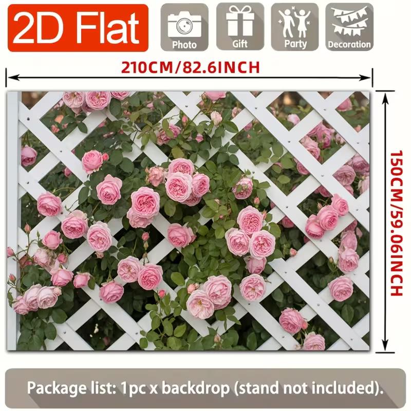 2D White Lattice Fence Pink Rose Floral Garden Backdrop
