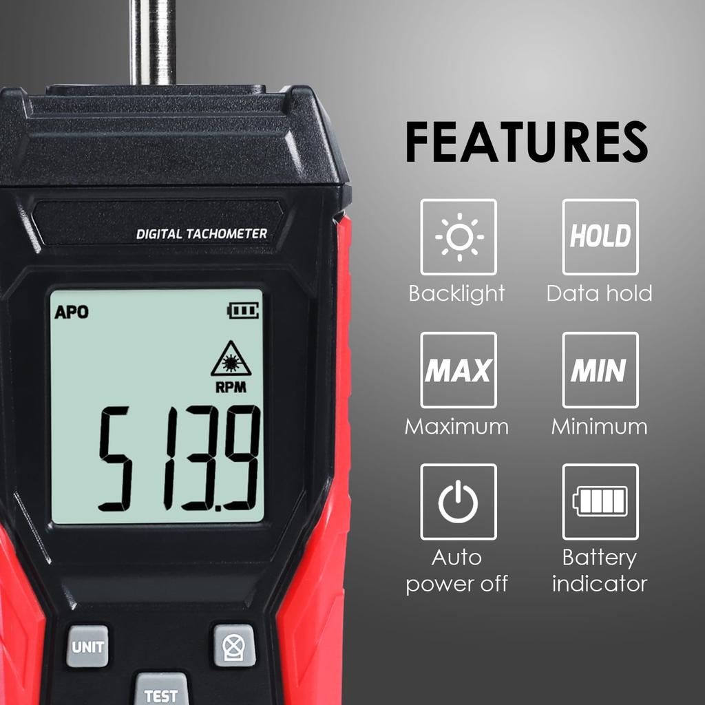 Digitaler Drehzahlmesser und Kontaktbereich Handheld-Geschwindigkeitsmesser mit U/min für Automobil-, Industrie- und HLK-Systeme 3-100.000 U/min, Berührungslos 3-19.999 U/min,