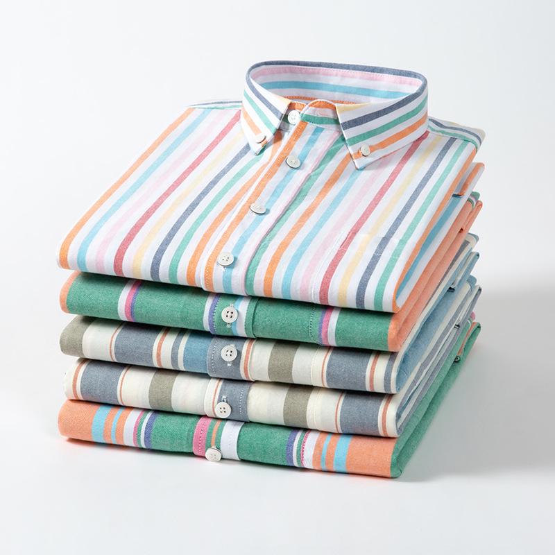 Men's Summer Striped Short-Sleeve Cotton Shirt with Turn-Down Collar