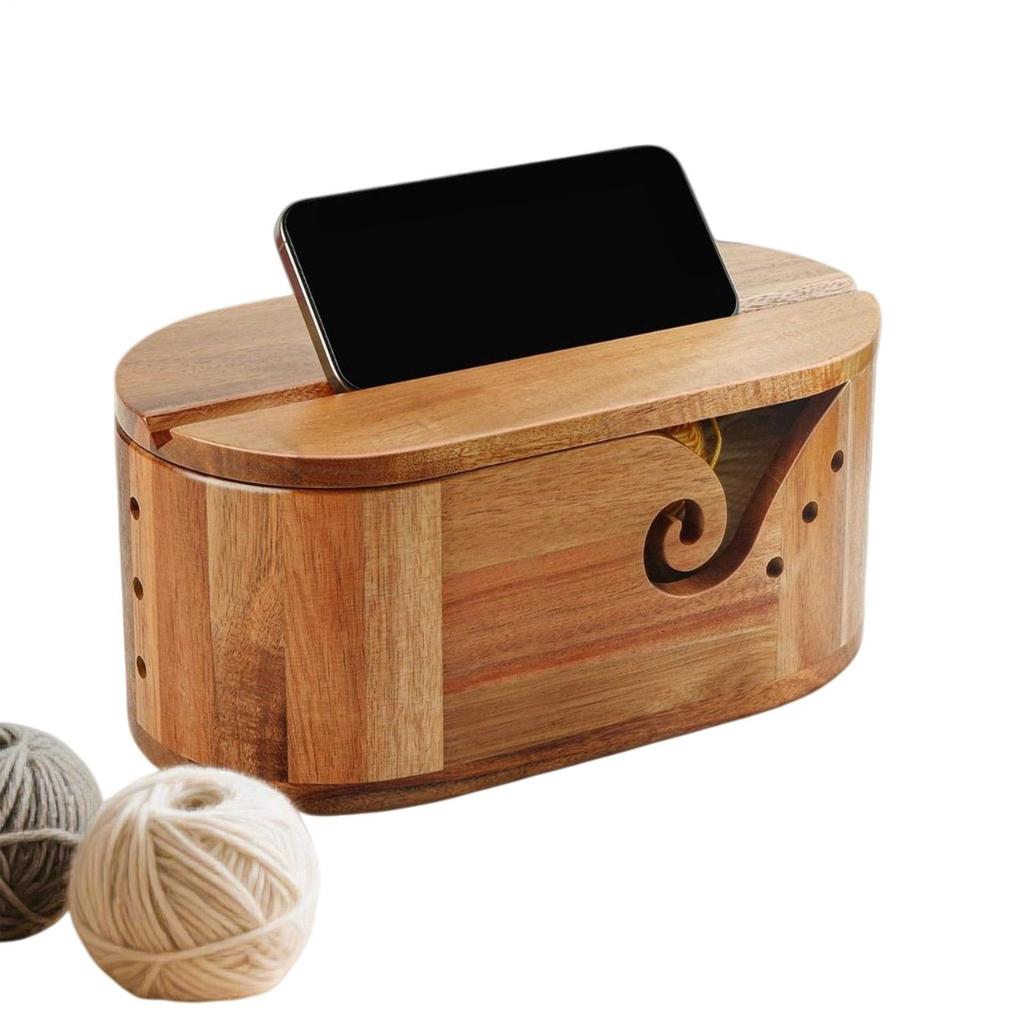 Wooden Yarn Bowl With Lid Large Oval Crochet Yarn Storage Container Handmade For Quilting Knitting Weaving Crocheting Threading