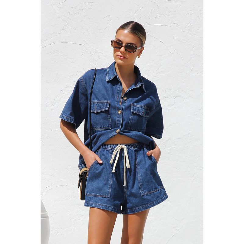 

Summer European and American Women s Clothing Casual Loose Pockets Short-Sleeved Shirt Denim Two-Piece Suit Dark Blue S