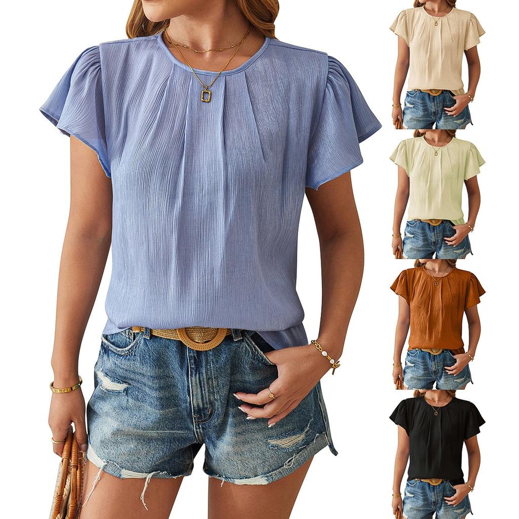 Spring Summer Women's European American Fashion Crew Neck Loose Blouse Shiny Fabric Petal Sleeve Casual Top