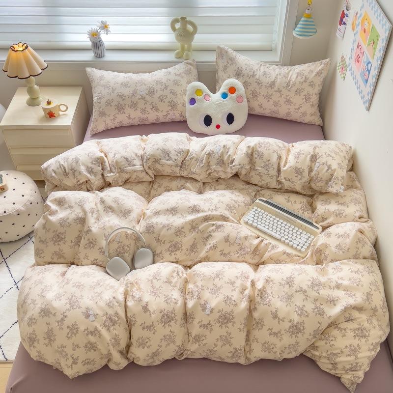 Class A Maternal Infant Grade Small Fresh Pure Cotton Abraded 4-Pcs Set, Skin-Friendly Bed Sheet Washed Cotton Quilt Cover, Dormitory 3-Piece Set