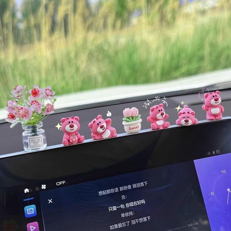 Car ornament cute strawberry bear central control screen decompression little doll car interior decoration new internet famous