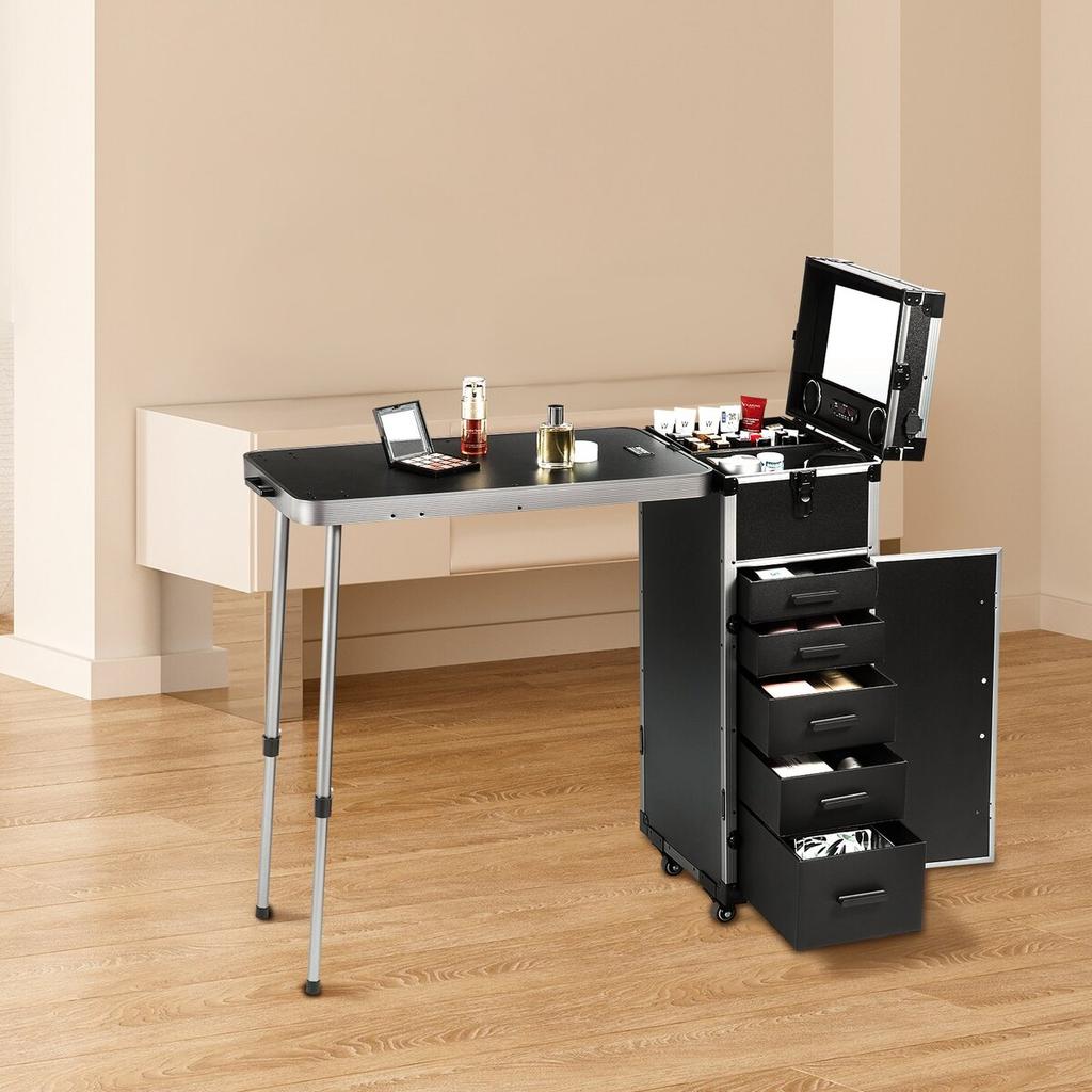 Professional Makeup Train Case Aluminum Cosmetic Case, Workbench With Supporting Legs, Rolling Makeup Case Extra Large Trolley Makeup Travel